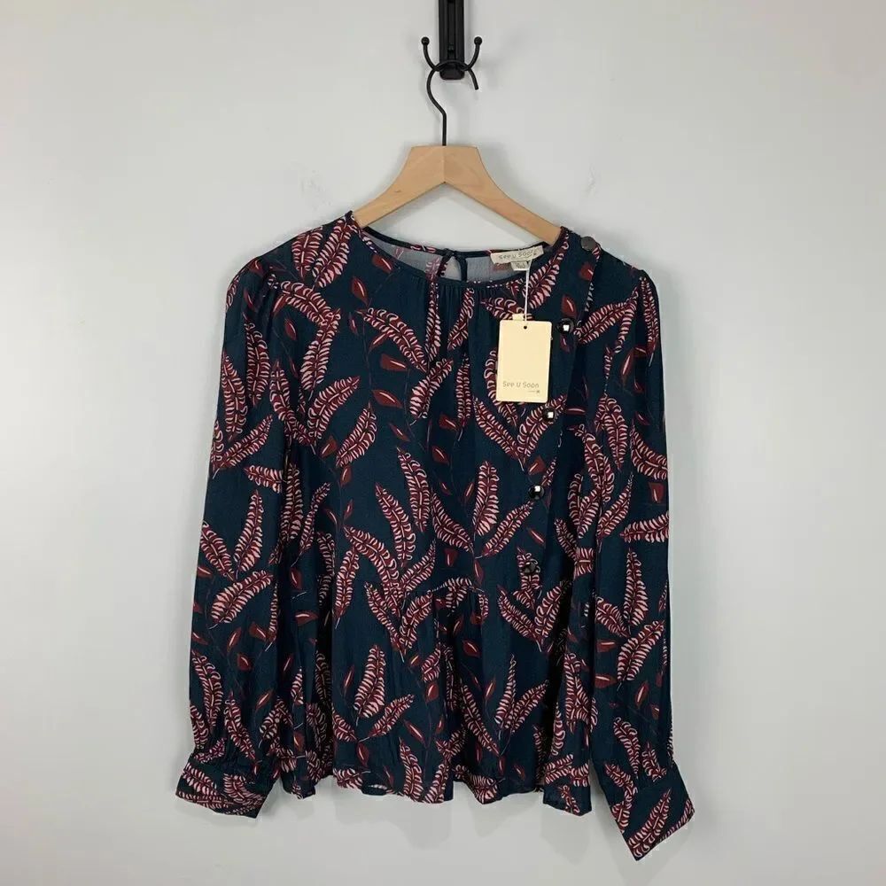 See U Soon Navy/Red Pattern Blouse S NWT - Picture 1 of 9
